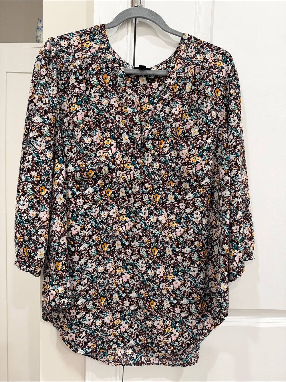 torrid Brown Floral V-Neck Tunic with Pink, Teal and Yellow Accents